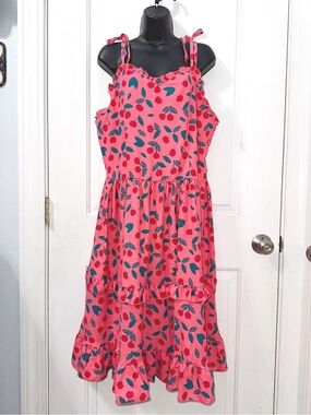 Sydney So Sweet vibrant pink midi dress detailed red cherry & green leaf print